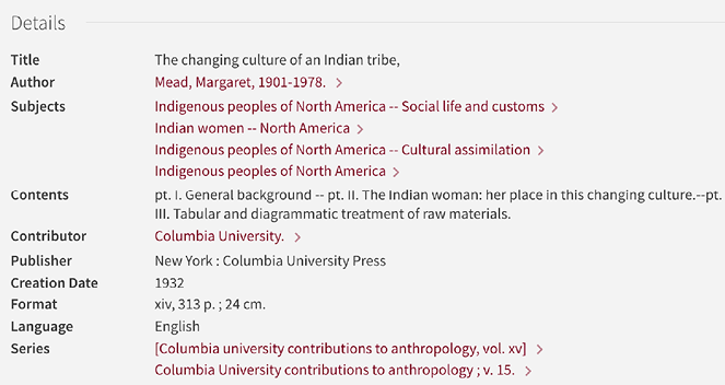 Figure 1. Example record from the discovery layer. The term from the pilot project has been changed to “Indigenous peoples of North America” both with and without subdivisions. This record also includes a subject string that will be looked at in the future phases of the project: Indian Women—North America.