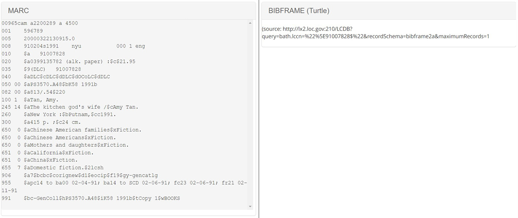 Figure 1. MARC format in the Library of Congress’s MARC to BIBFRAME Comparison Viewer