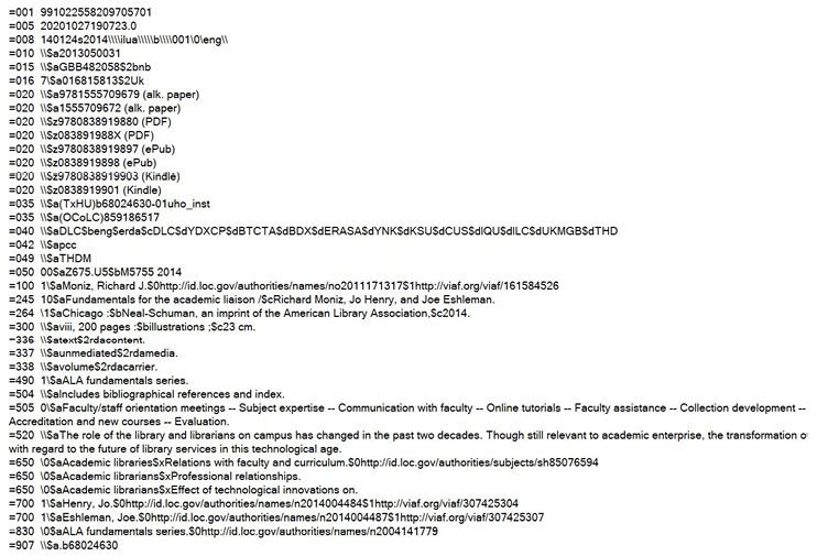 Figure 3. A sample MARC record with URI added in the 100, 6xx and 7xx fields