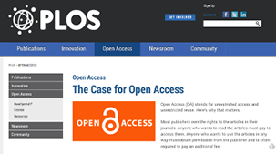 Figure 1.4. The Public Library of Science “Open Access” webpage (www.plos.org/open-access). PLOS is committed to open access and applies the Creative Commons Attribution (CC-BY) license to all the content it publishes.