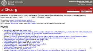 Figure 1.5. The home page of arXiv.org (http://arxiv.org). ArXiv is an e-print service owned and operated by Cornell University. It specializes in publications from quantitative fields such as physics, mathematics, and computer science.
