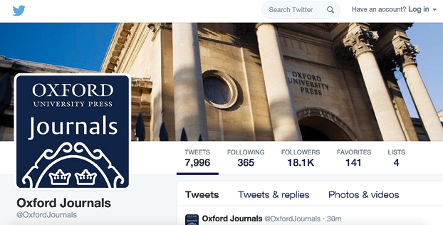 Figure 3.5. The overlap between nonacademic social networks like Twitter and academic users can be complicated. For instance, in addition to the growing percentage of researchers who report using Twitter for teaching or scholarship, a large number of academic publishers have taken to Twitter to promote new research on behalf of their authors. This January 2015 screenshot of the Twitter home of Oxford Journals is a telling example, with its 18,100 followers and nearly 8,000 Tweets. https://twitter.com/oxfordjournals
