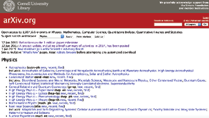 Figure 3.9. The bare bones home page of arXiv.org, currently one of the most popular of the e-print article archives for scholars in sciences. In December 2014, arXiv announced that it had passed the milestone for one million article uploads.