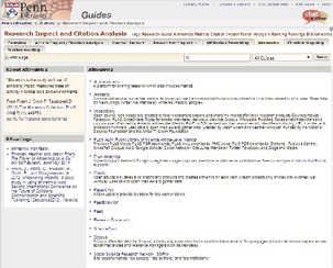 Figure 4.1. Altmetrics tab of the research guide “Research Impact and Citation Analysis” at the University of Pennsylvania. Available online at http://guides.library.upenn.edu/content.php?pid=591965&sid=4970865.