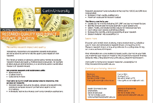 Figure 4.2. Curtin University library handout advertising Research Quality and Impact Services. Available online at http://lgdata.s3-website-us-east-1.amazonaws.com/docs/1470/1208397/Research-impact-2014.pdf.