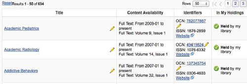 A package record in the OCLC World Cat Knowledge Base displays a list of titles and holdings and allows users to search and filter the contents.