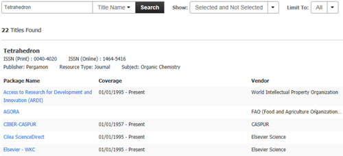 The EBSCO knowledge base displays a list of holdings that represent the various ways a title can be purchased.