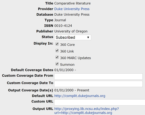 Administrative functions in the ProQuest Knowledgebase allow users to set the status of a holding, customize coverage dates and URLs, and control display options in public facing tools.