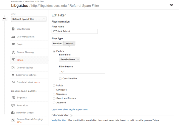 Junk referral filter, Google Analytics, University of Colorado Colorado Springs