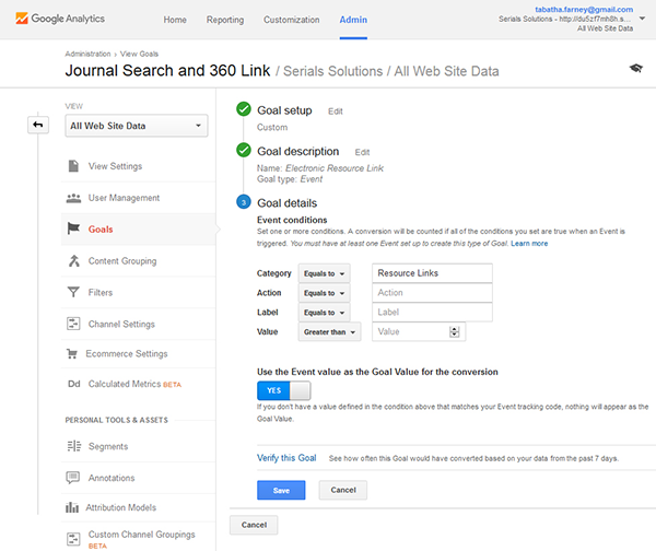 Resource link goal configurations, Google Analytics, University of Colorado Colorado Springs
