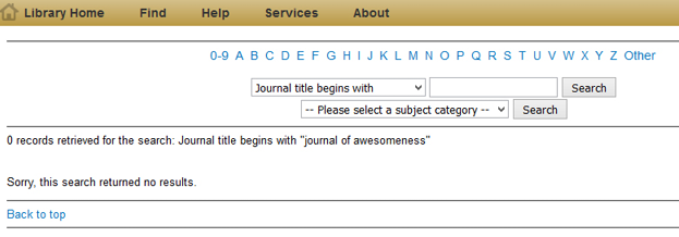 No results page, Journal Search, University of Colorado Colorado Springs
