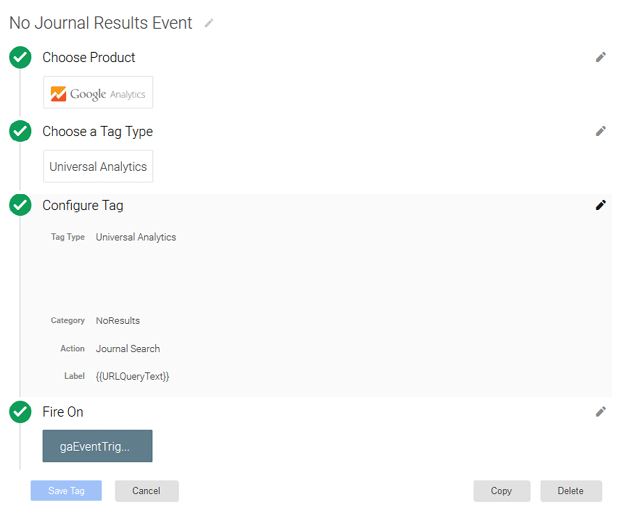 No journal results event tag, Google Tag Manager, University of Colorado Colorado Springs