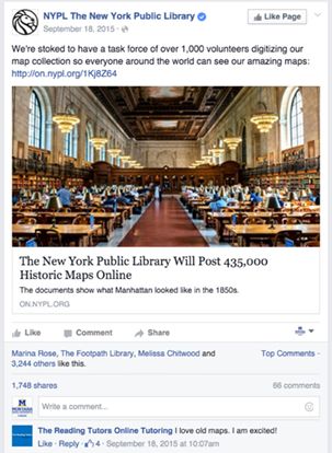 Blog post shared on Facebook by NYPL about digitizing maps