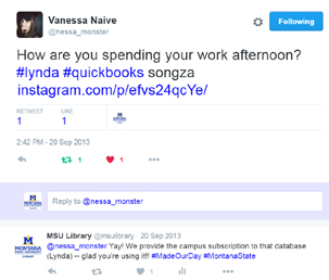 Interaction with MSU student who mentioned an MSU-subscribed database on Twitter but did not tag the library