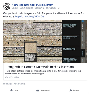 Facebook share by NYPL with high levels of social network engagement
