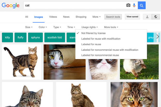 Google Image Search, with Usage Rights filter