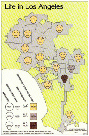A Chernoff Faces visualization for life in Los Angeles in 1970 (from Eugene Turner, “Life in Los Angeles 1970,” California State University Northridge, accessed October 4, 2016, www.csun.edu/~hfgeg005/eturner/images/Maps/lifeinla.gif).