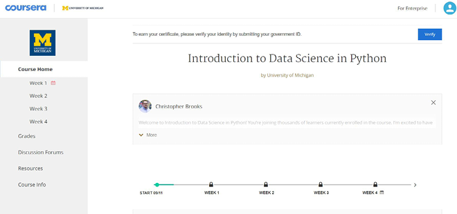 Screenshot of the Introduction to Data Science in Python course.