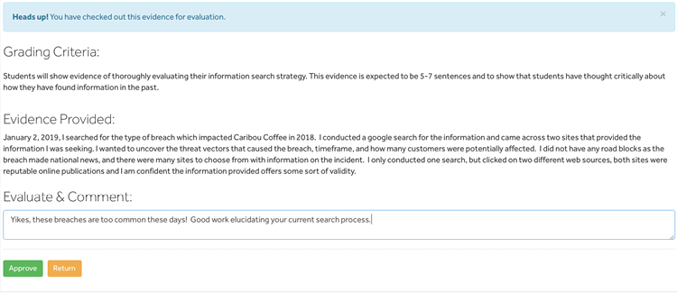 A screenshot of Penn State’s badging platform showing the grading criteria for the evaluator, a student’s response to a prompt (evidence), and a follow-up answer by an evaluator.