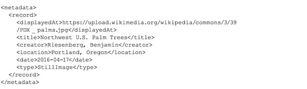 An XML metadata instance, showing metadata elements and values