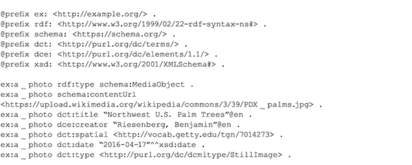 An RDF metadata instance, showing triples with subjects, predicates, and objects