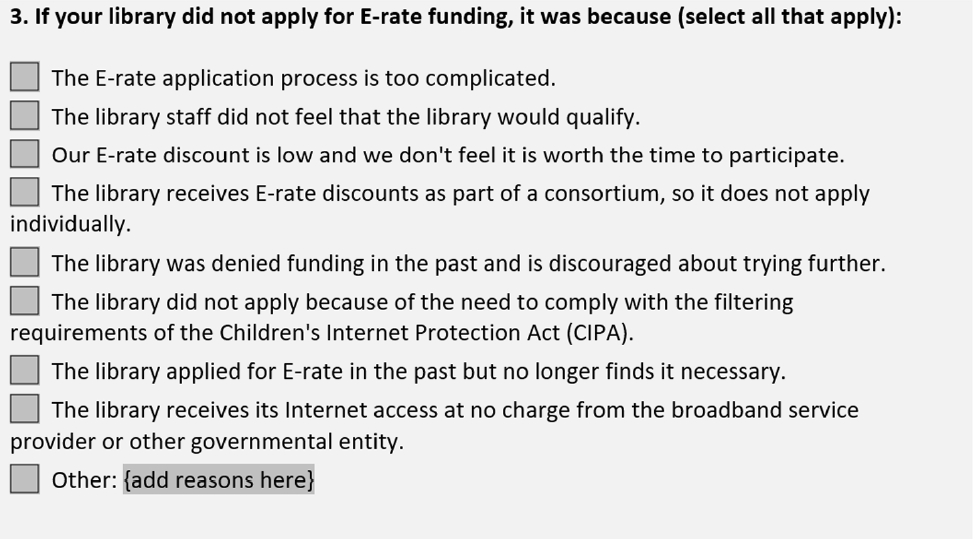 An example question from page 47 of the toolkit identifying reasons the library may not have filed for E-rate funding