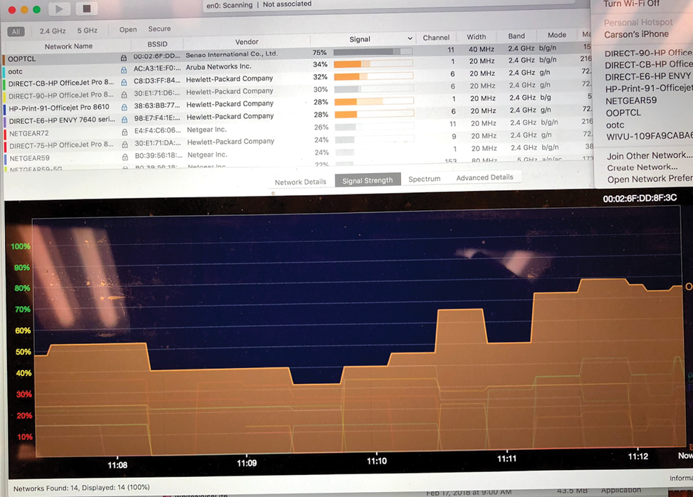 A screenshot of the author’s Wi-Fi stumbler on-site in New Mexico. The graph shows low and high signal strength as part of toolkit activities during a site visit to a tribal library. As the graph moves to the bottom of the page, it indicates a weaker signal.