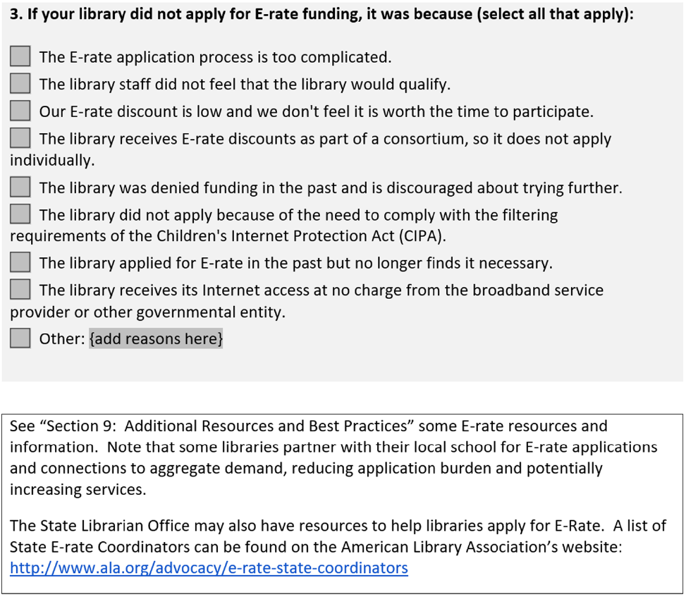 An example question from page 47 of the toolkit, which asks libraries to list reasons why they did not apply for E-rate funding, as well as a “guidance” box that includes resources for libraries that are interested in E-rate funding.