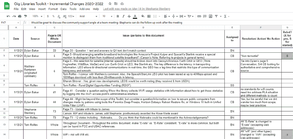 A screenshot of the spreadsheet used by the GLB project team to discuss and track incremental edits to the toolkit.
