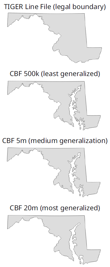 Figure 6.1. Boundary differences between the TIGER files and the Cartographic Boundary Files for Maryland