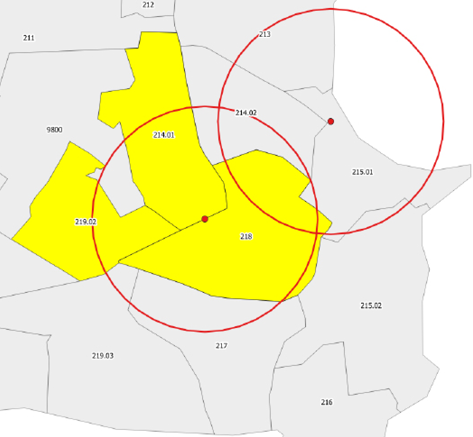 Figure 7.1. Using GIS to assign census tracts to libraries using one-mile buffers