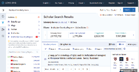 Lens.org interface with characteristic filtering on left-hand side of the screen. The Scholarly Works app is selected. There is also a Patents app available that allows similar search and analysis functions as the Scholarly Works app. A filter for United States publications is applied.