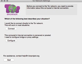 Figure 2. The “connect or configure” window you’ll see the first time you open the Tor Browser.