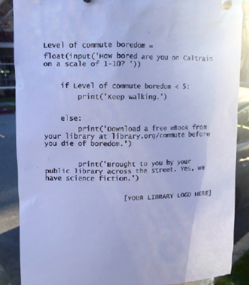 This computer code flyer is aimed at Techie Tom and asks him to sign up for the library’s E-book Service. Image: Spenser Thompson.