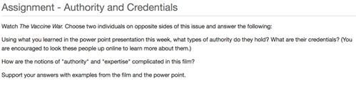 Weekly assignment on analyzing authority and credentials.